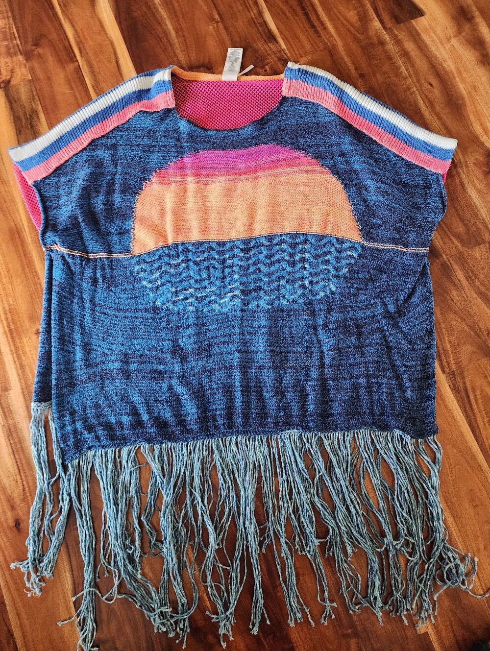 Free People Open-Weave Hot Pink Crochet Top with Yellow Trim
